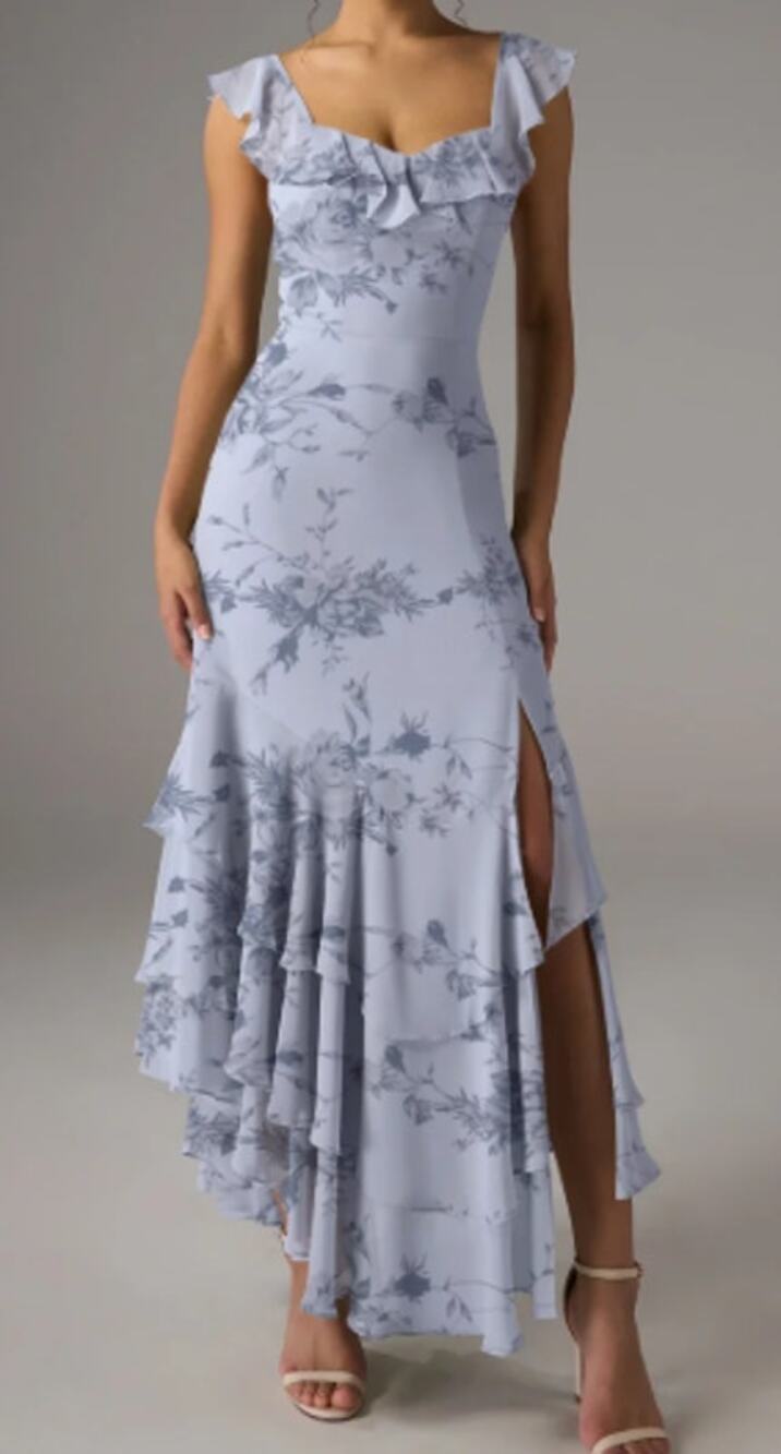 AW BRIDAL 6 S antique azure rose blue floral chiffon Anaya maxi dress NEW B59